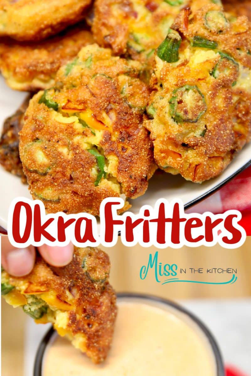 Collage: okra fritters on a plate/dipping in sauce.