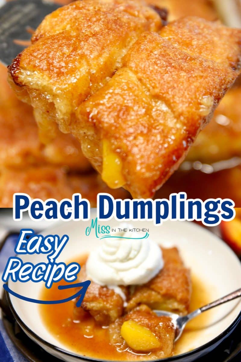 Peach dumplings on a spatula/plated - text overlay.