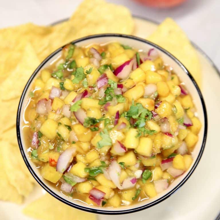 Bowl of peach salsa.