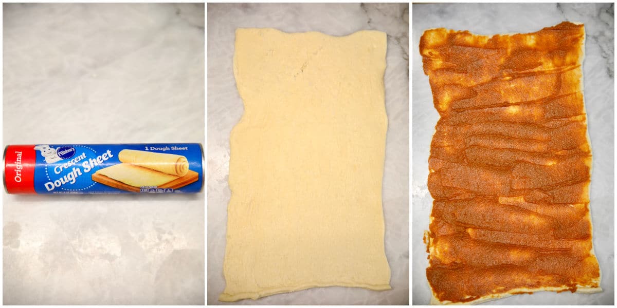 Crescent dough package, unrolled, spread with pumpkin.