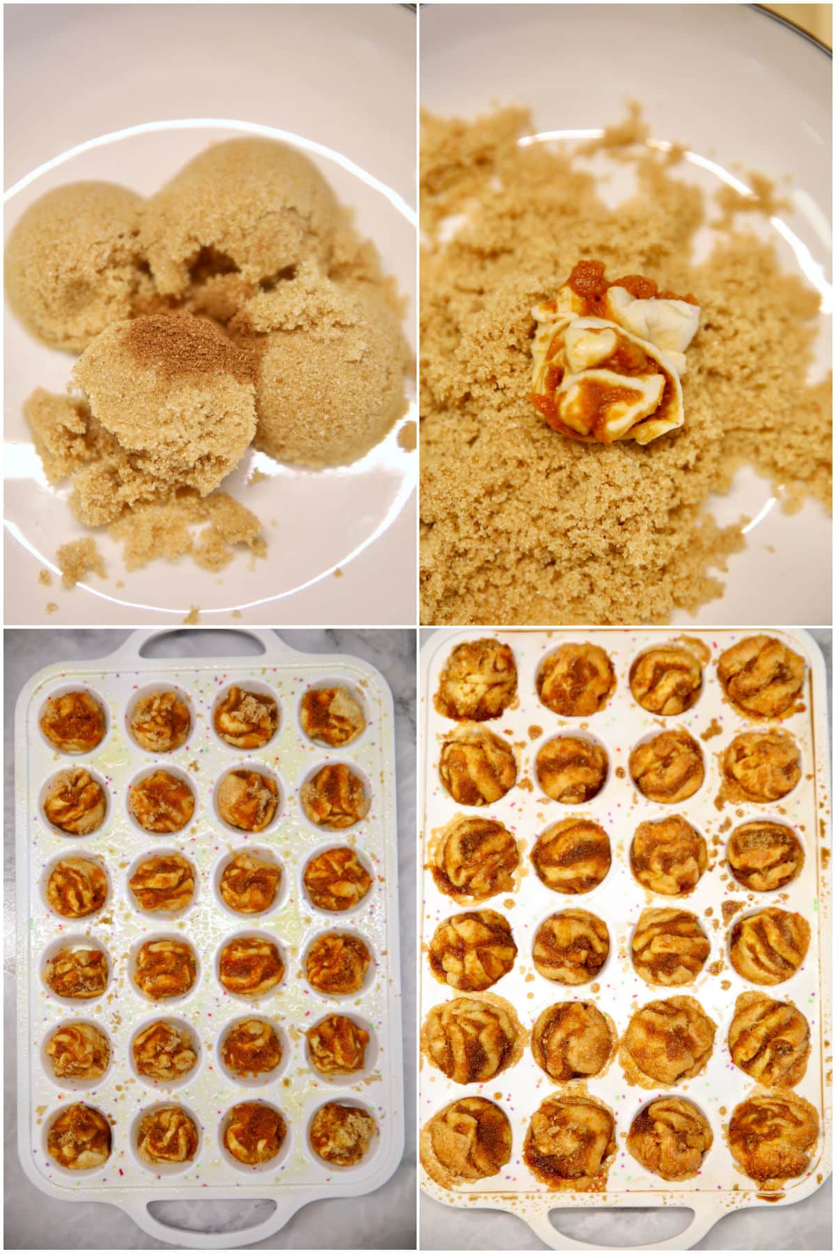 Collage: bowl of brown sugar, spices/ mini muffins.