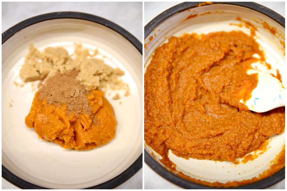 Collage: Bowl with pumpkin, brown sugar, spices/mixed.