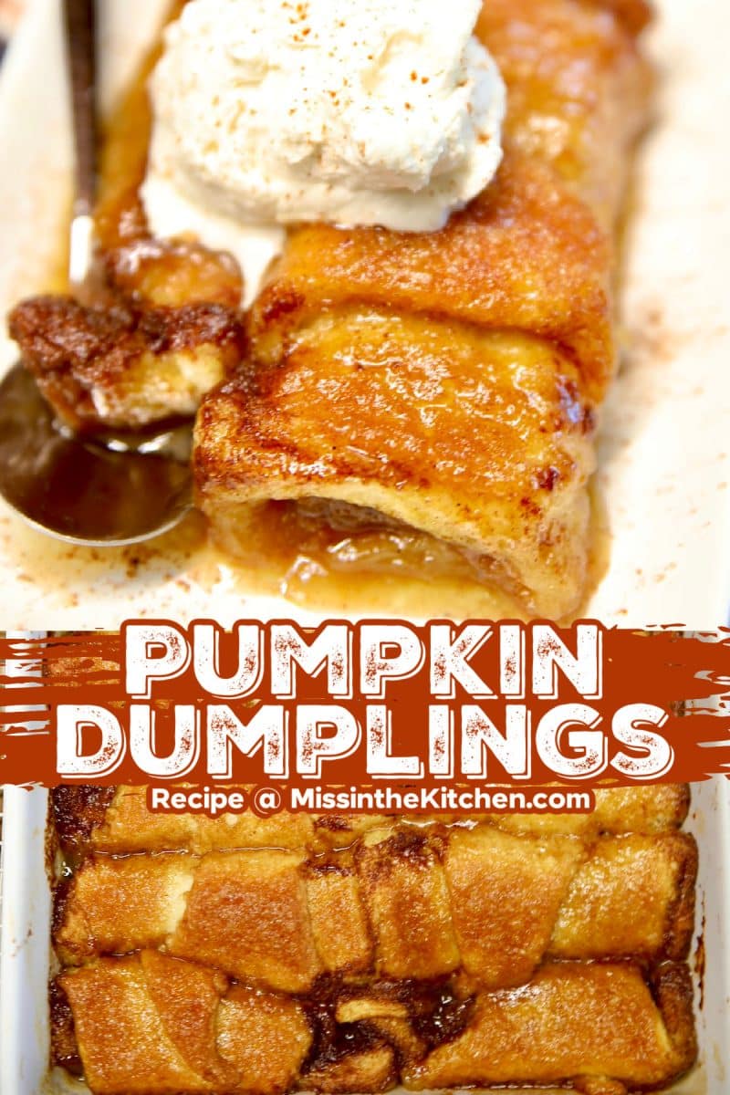 Pumpkin Dumplings collage: on a plate/pan - text overlay.