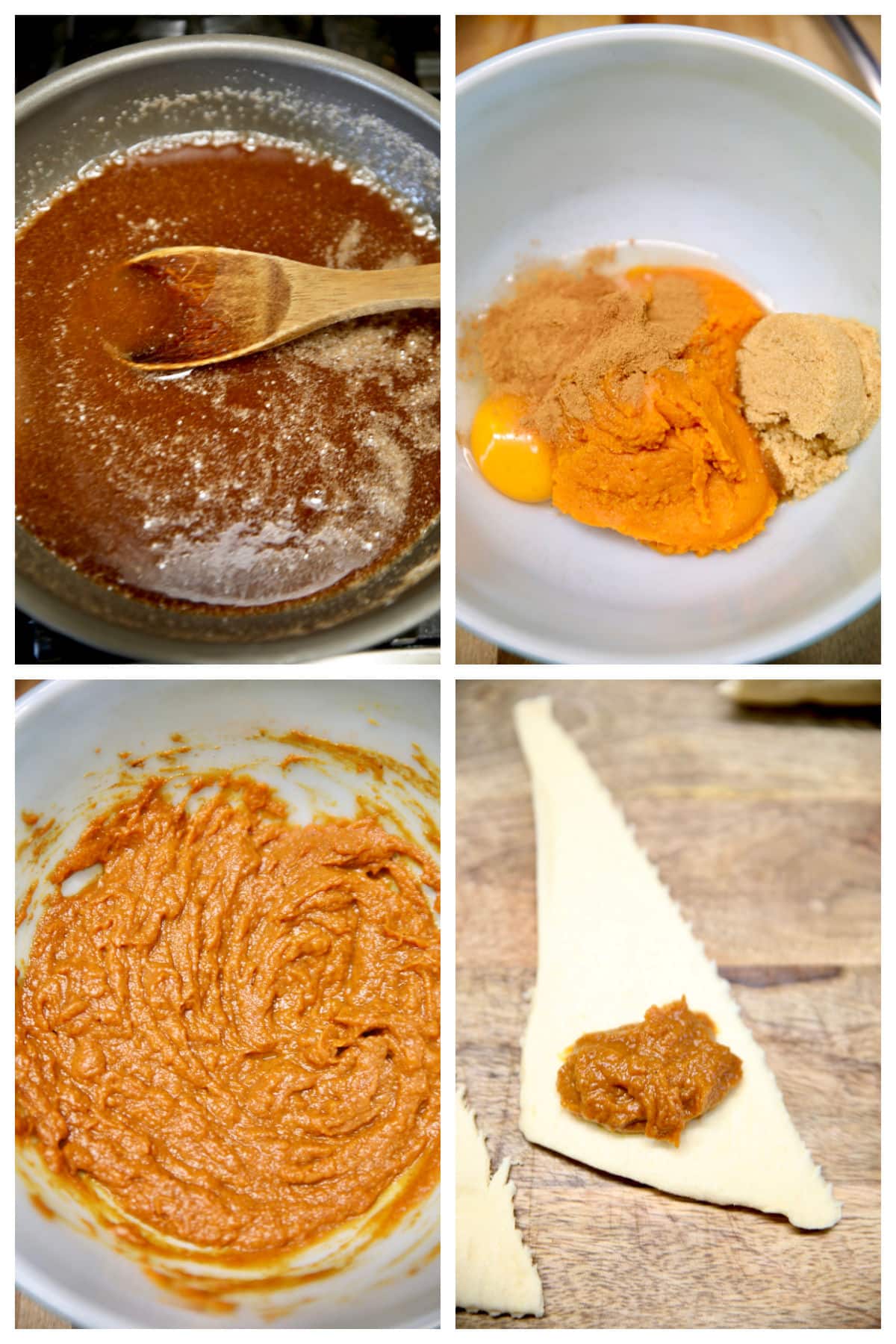 Collage: making brown sugar syrup, pumpkin pie filling, crescent dough dumplings.