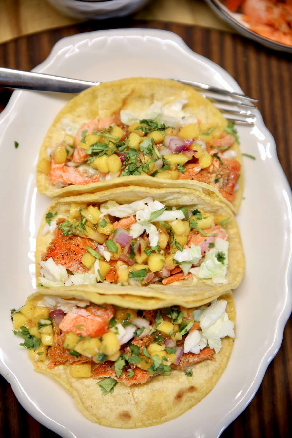 Platter of salmon tacos.