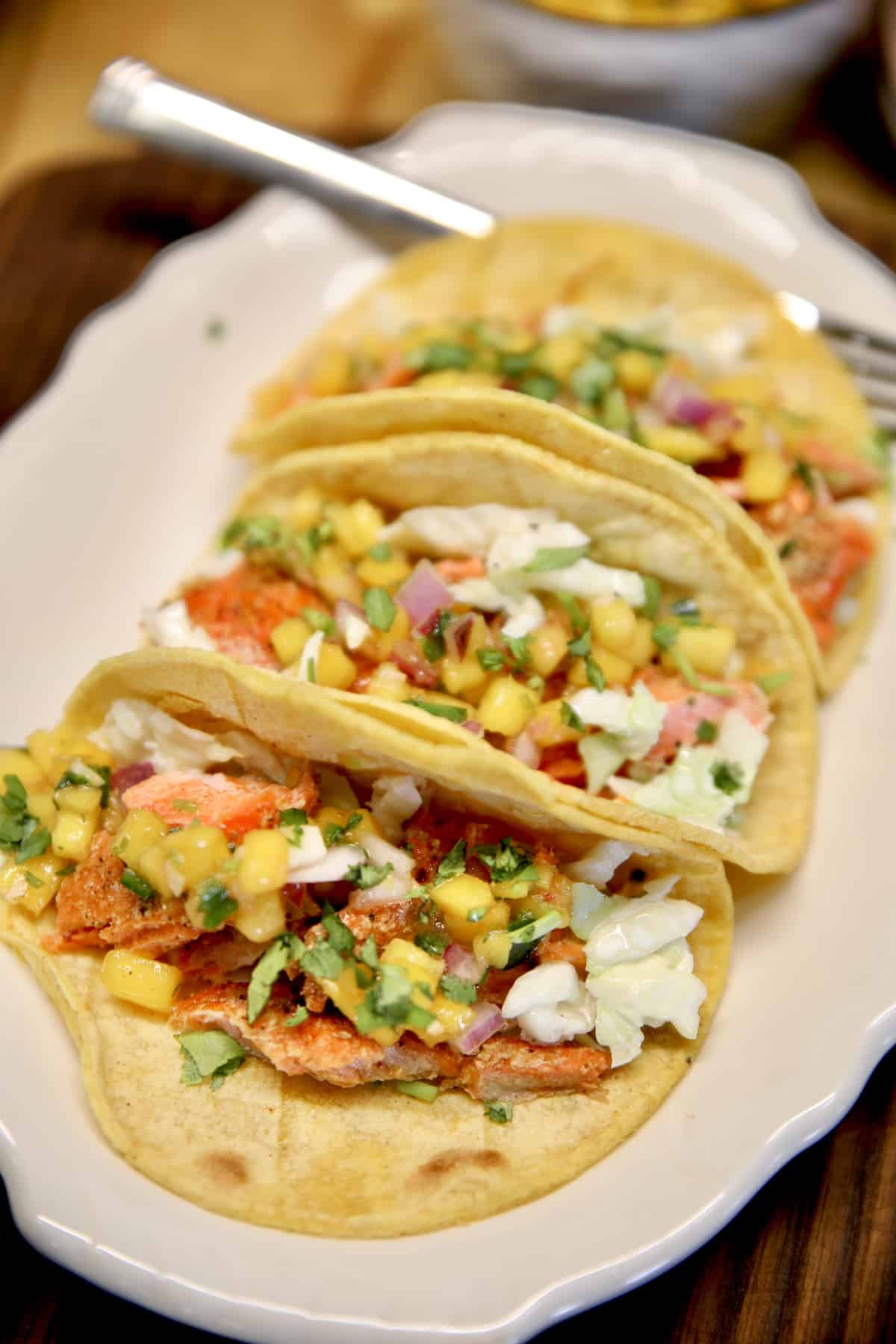 Platter of salmon tacos.