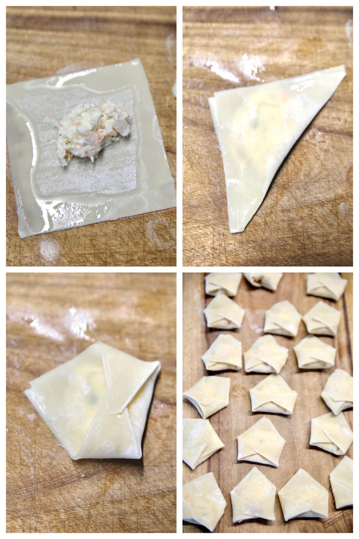 Collage filling and shaping shrimp rangoon.