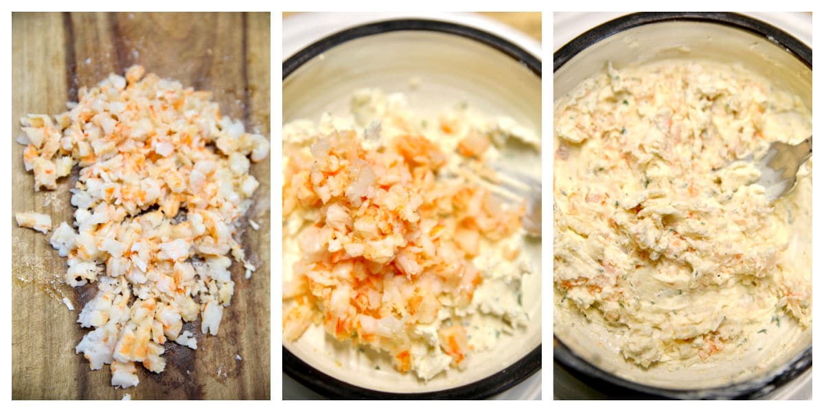 Chopping shrimp/ in a bowl with cream cheese/ combined.