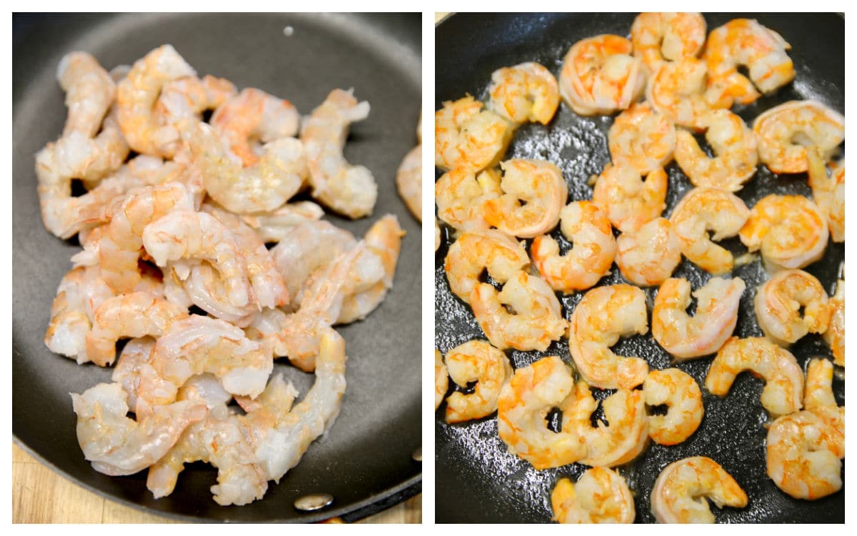 Cooking shrimp in a skillet collage.