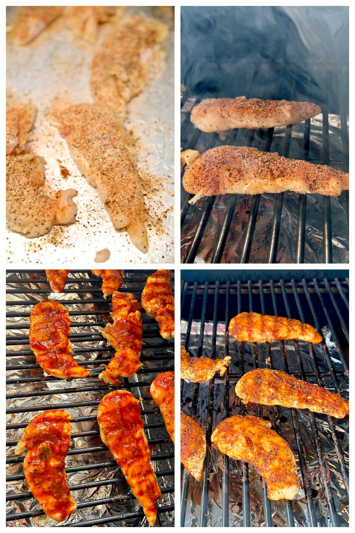 Collage of grilling chicken tenders with chipotle sauce.