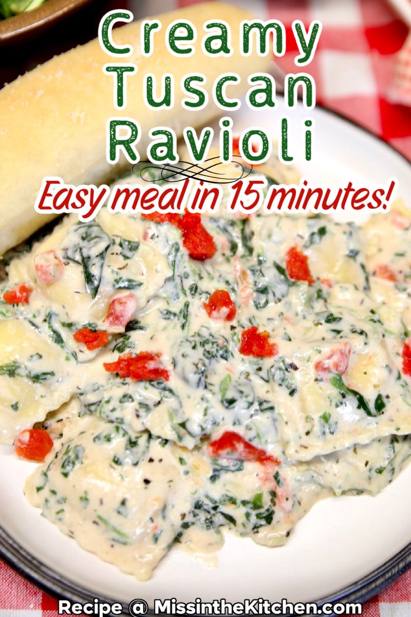 Ravioli with spinach cream sauce and tomatoes - text overlay.