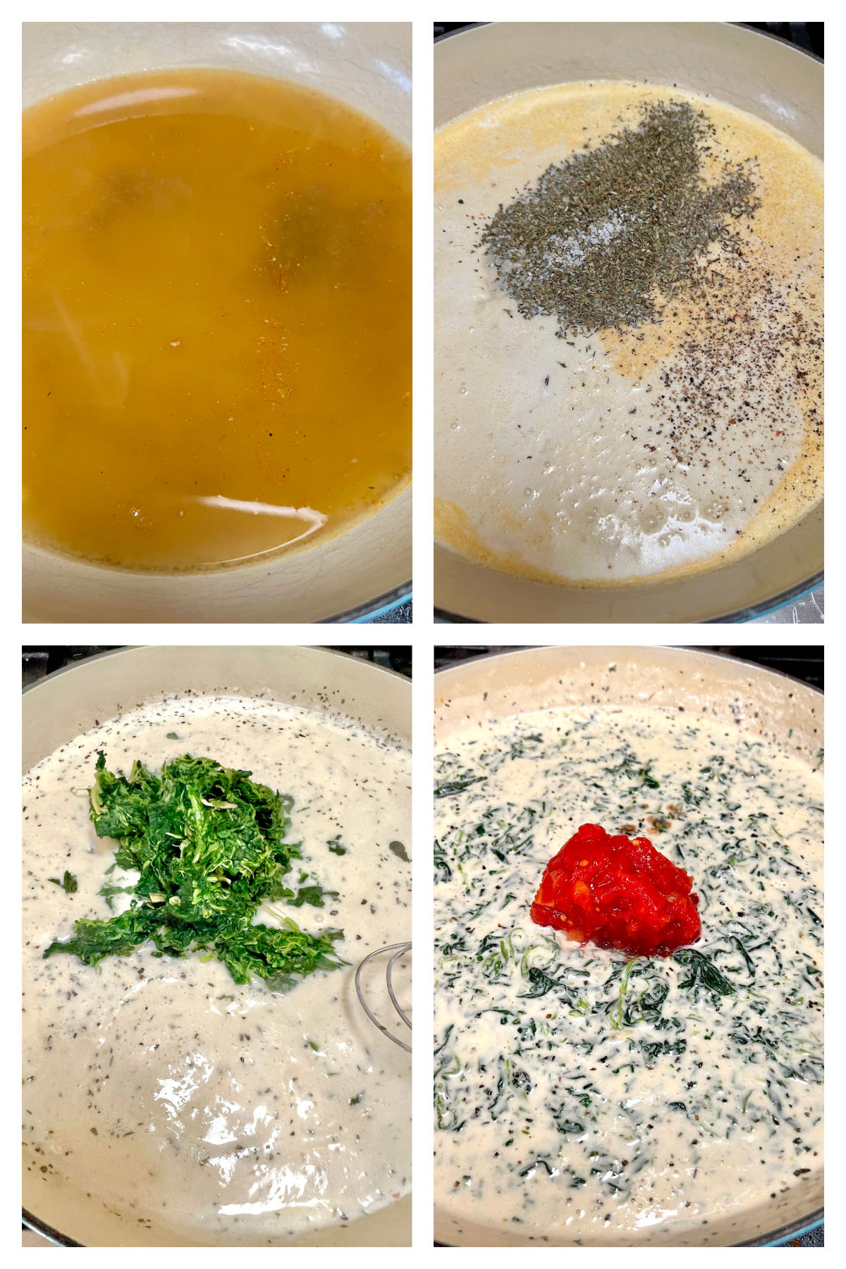 Collage making creamy Tuscan pasta sauce with spinach and tomatoes.