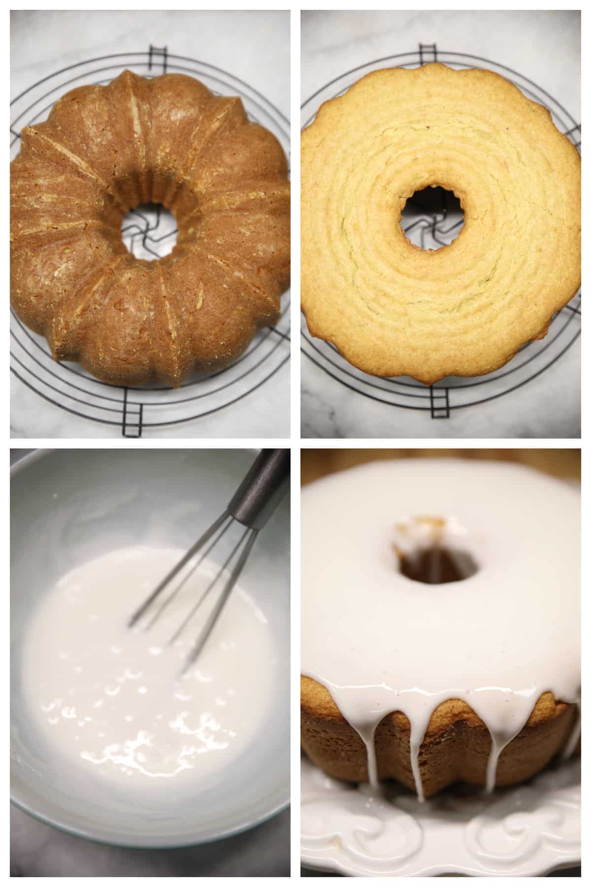 Bundt cake on a wire rack, bowl of glaze, glazed cake.