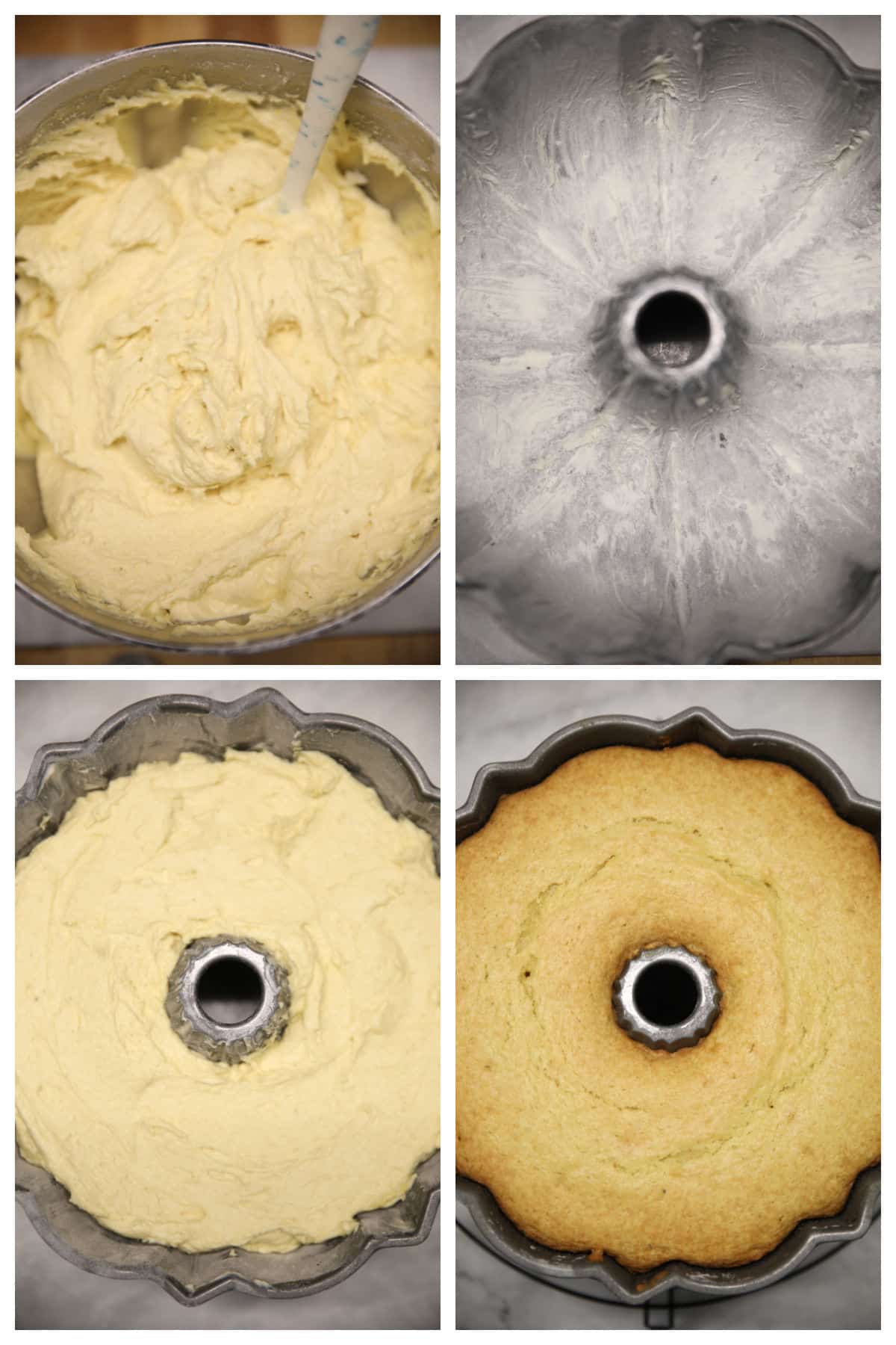 Donut Cake collage: Batter, greased pan, cake batter in pan, baked.