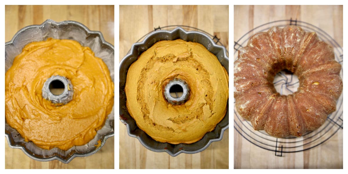 Collage of pumpkin bundt cake, unbaked, baked, on cooling rack.