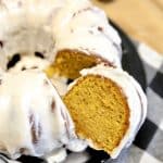 Pumpkin bundt cake with slice cut out.