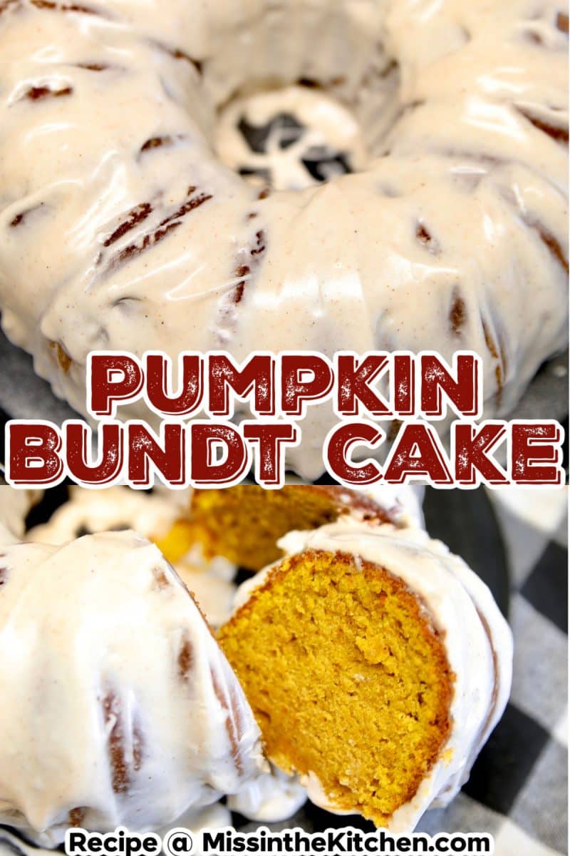 Pumpkin cake collage: bundt cake/slice - text overlay.