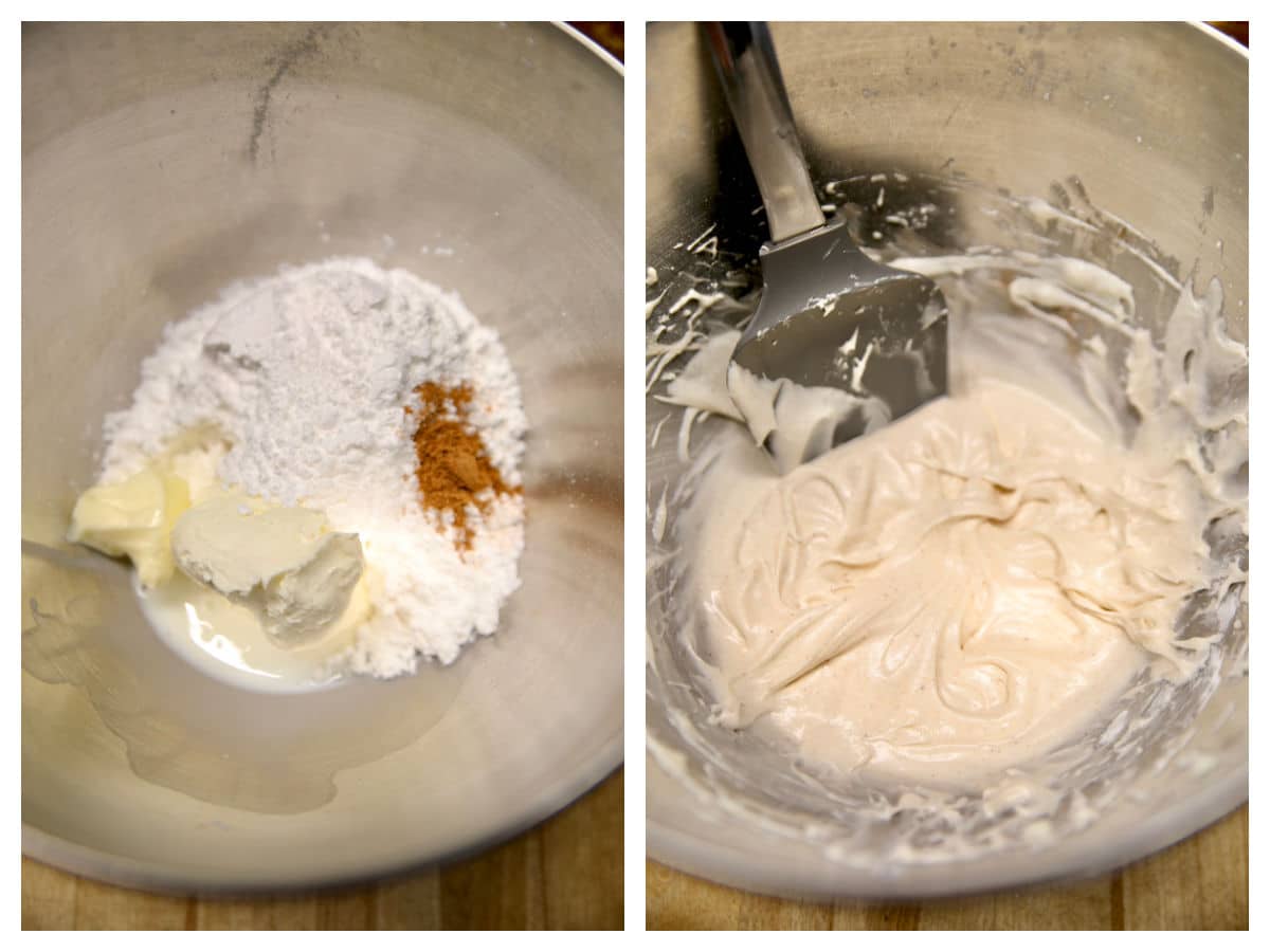 Making cream cheese icing with pumpkin pie spice.