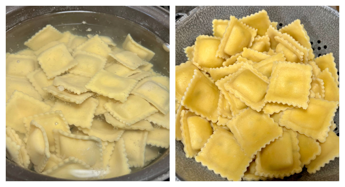 Collage boiling ravioli, drained in a colander.