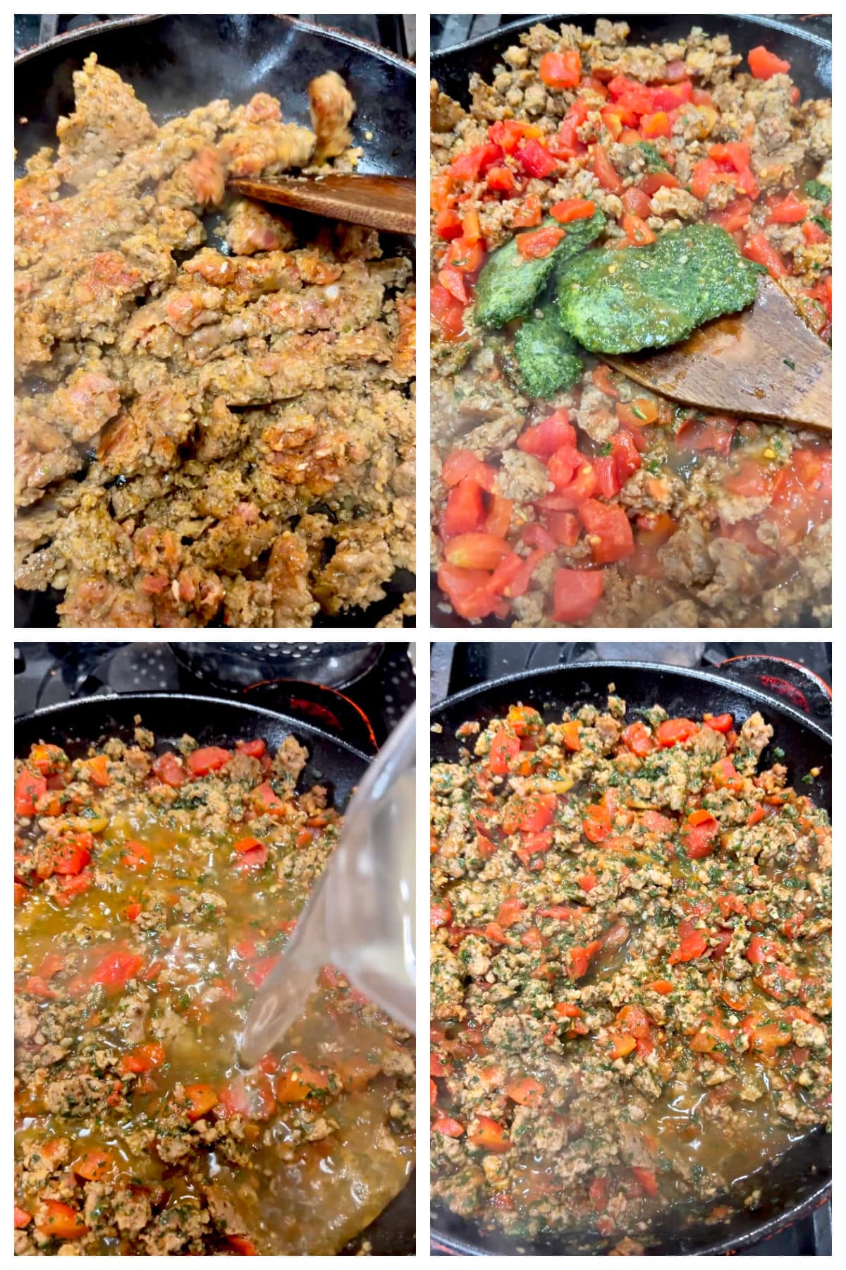 Collage making Italian Sausage with tomatoes and pesto.