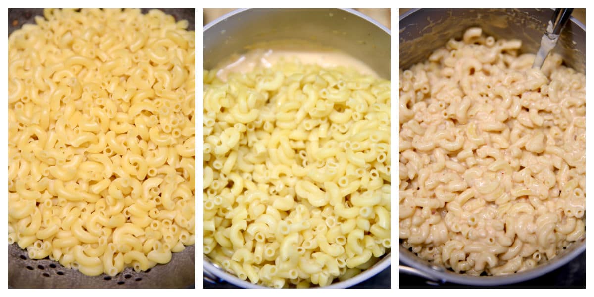 Collage of macaroni, mixed into cheese sauce.