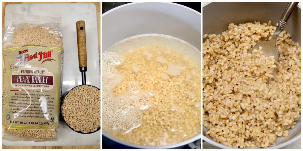 Collage: pearl barley - package - boiling - cooked.