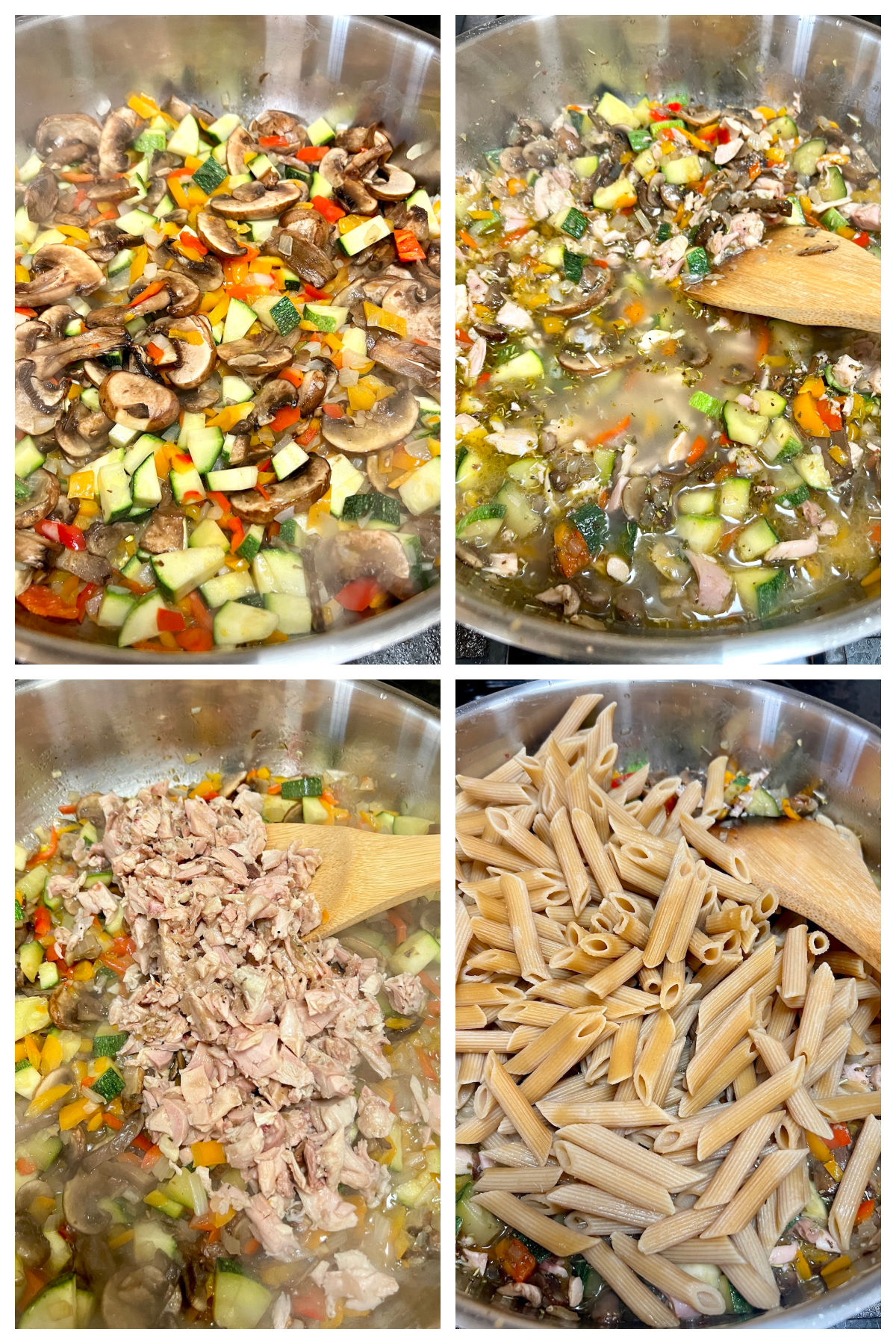 Collage cooking vegetables and adding broth and pasta.