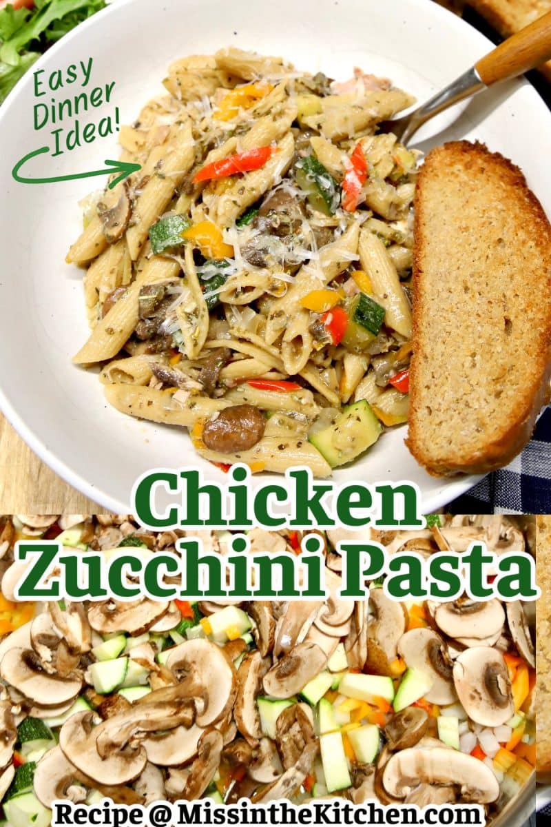 Chicken Zucchini Pasta collage: bowl/pan - text overlay.