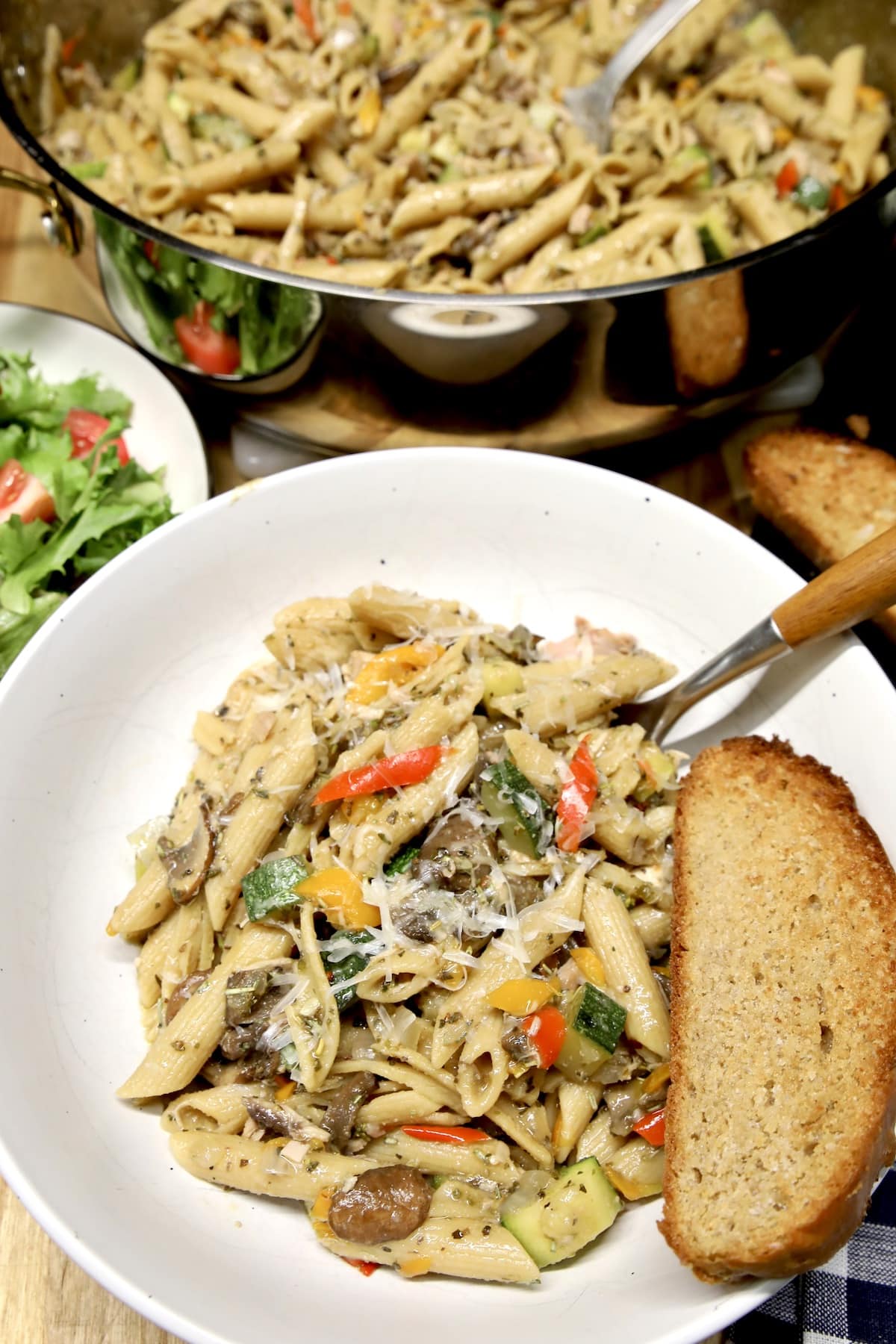 Chicken and zucchini pasta in a bowl.