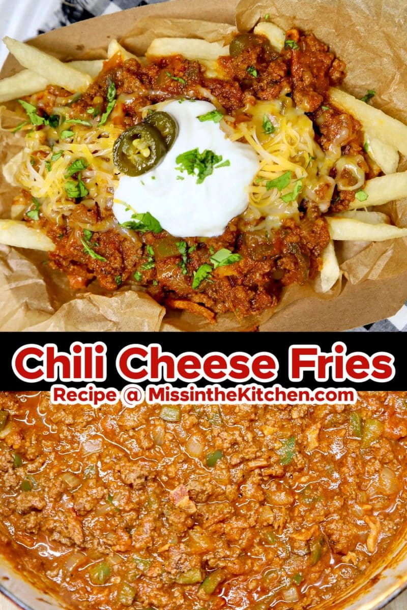 Chili cheese fries collage: boat of fries/pan of chili, text overlay.