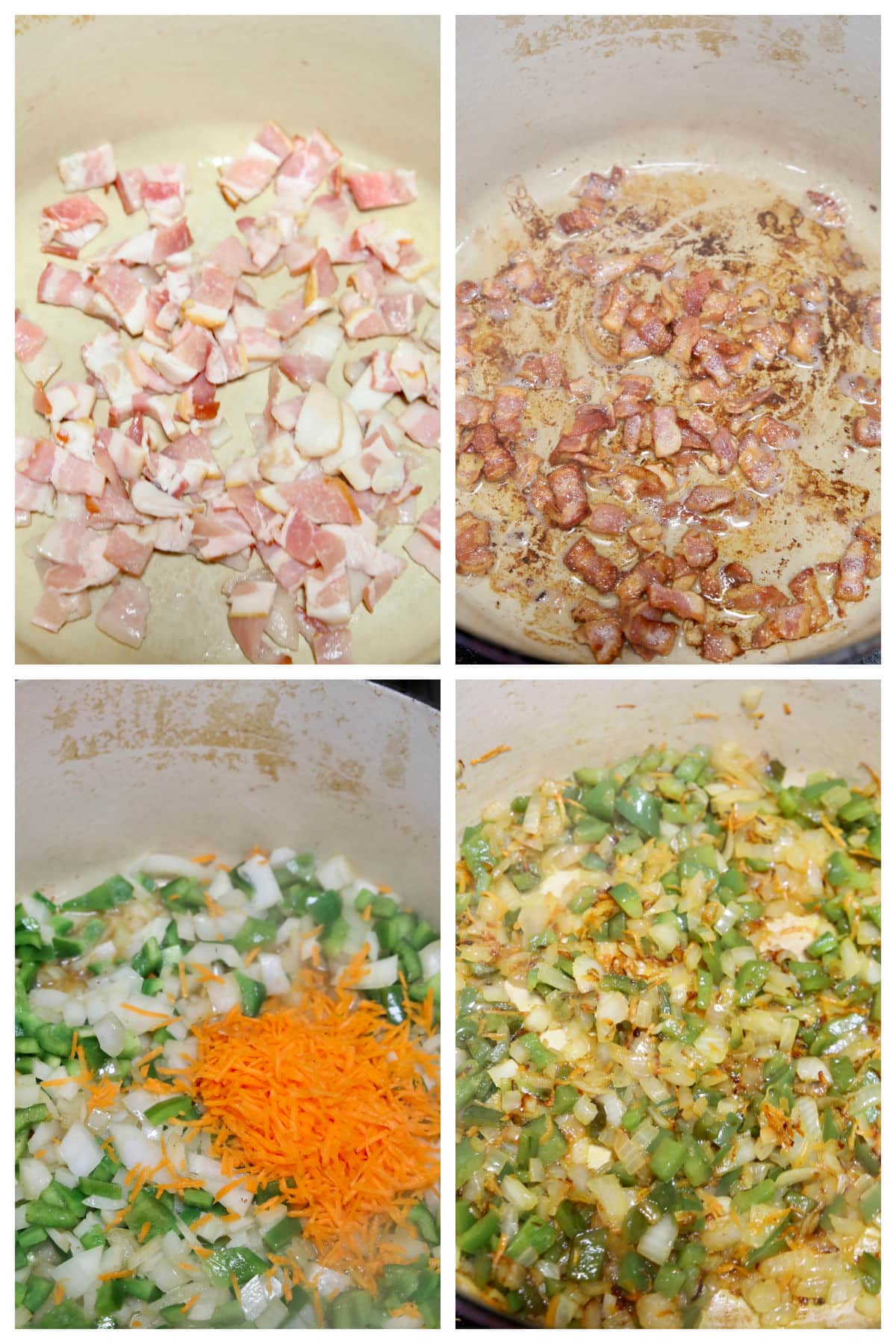 Collage cooking bacon and vegetables for chili.