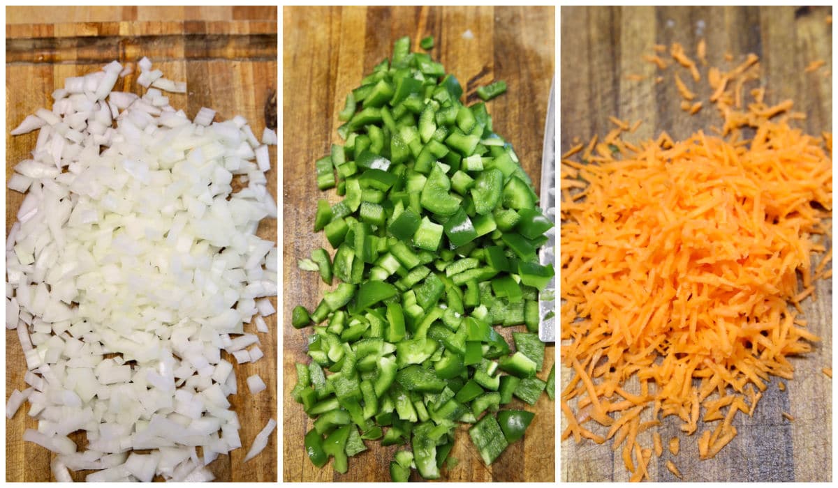 Collage of chopped onions, bell peppers, shredded carrots.