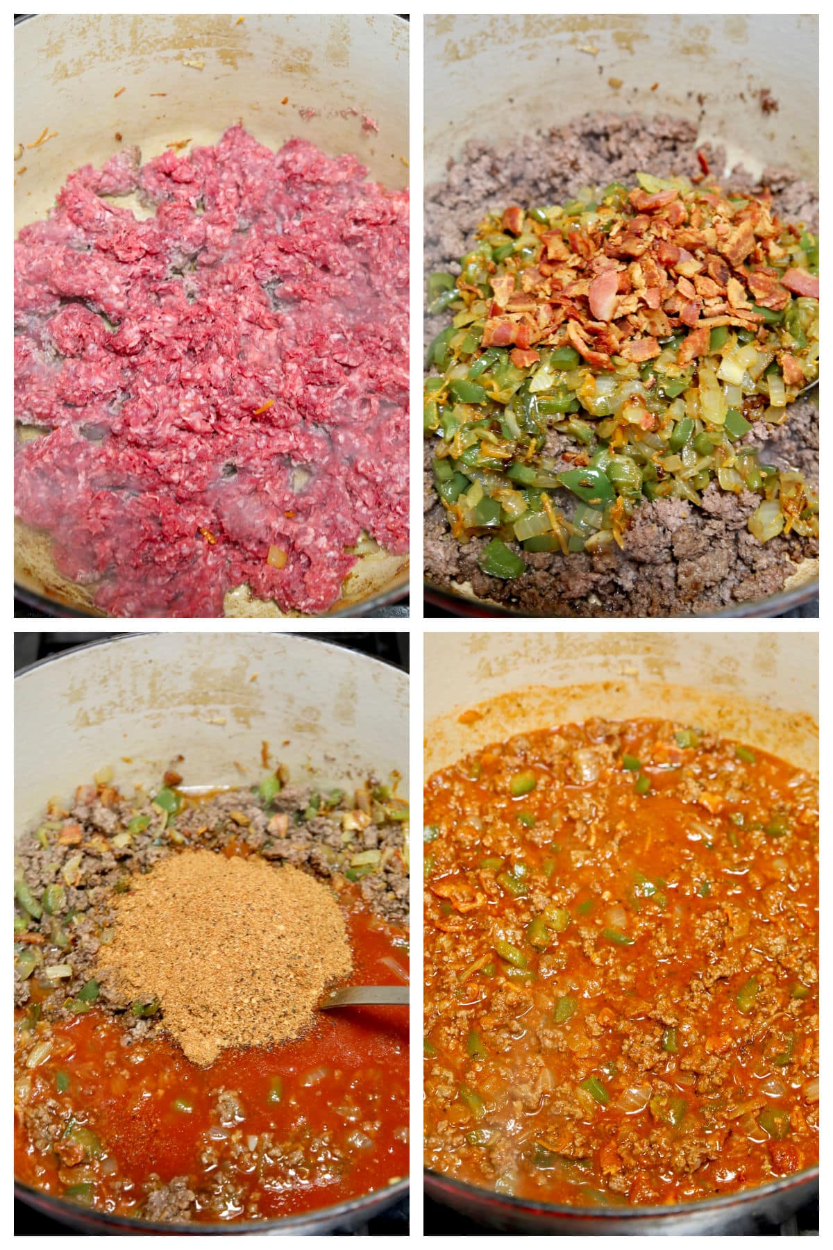 Collage: Cooking ground beef, making chili.