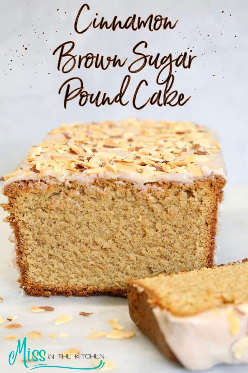 Cinnamon pound cake loaf with slice, text overlay.