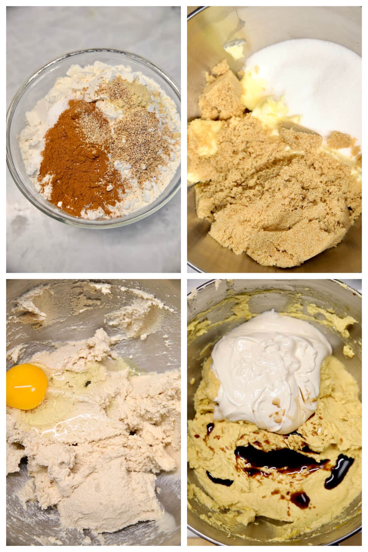 Collage making cinnamon cake batter.