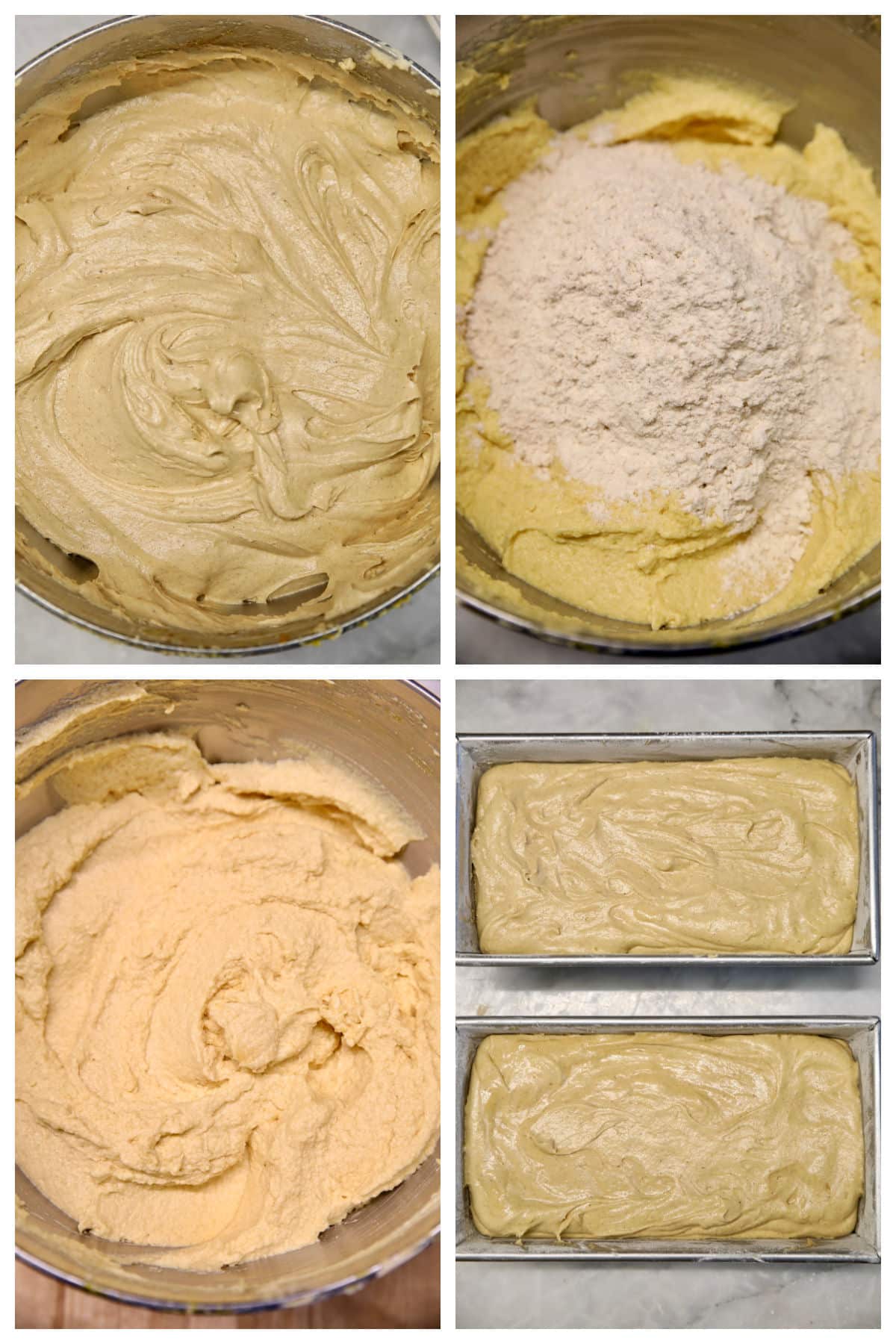 Pound cake batter, mixed with flour, in 2 loaf pans.