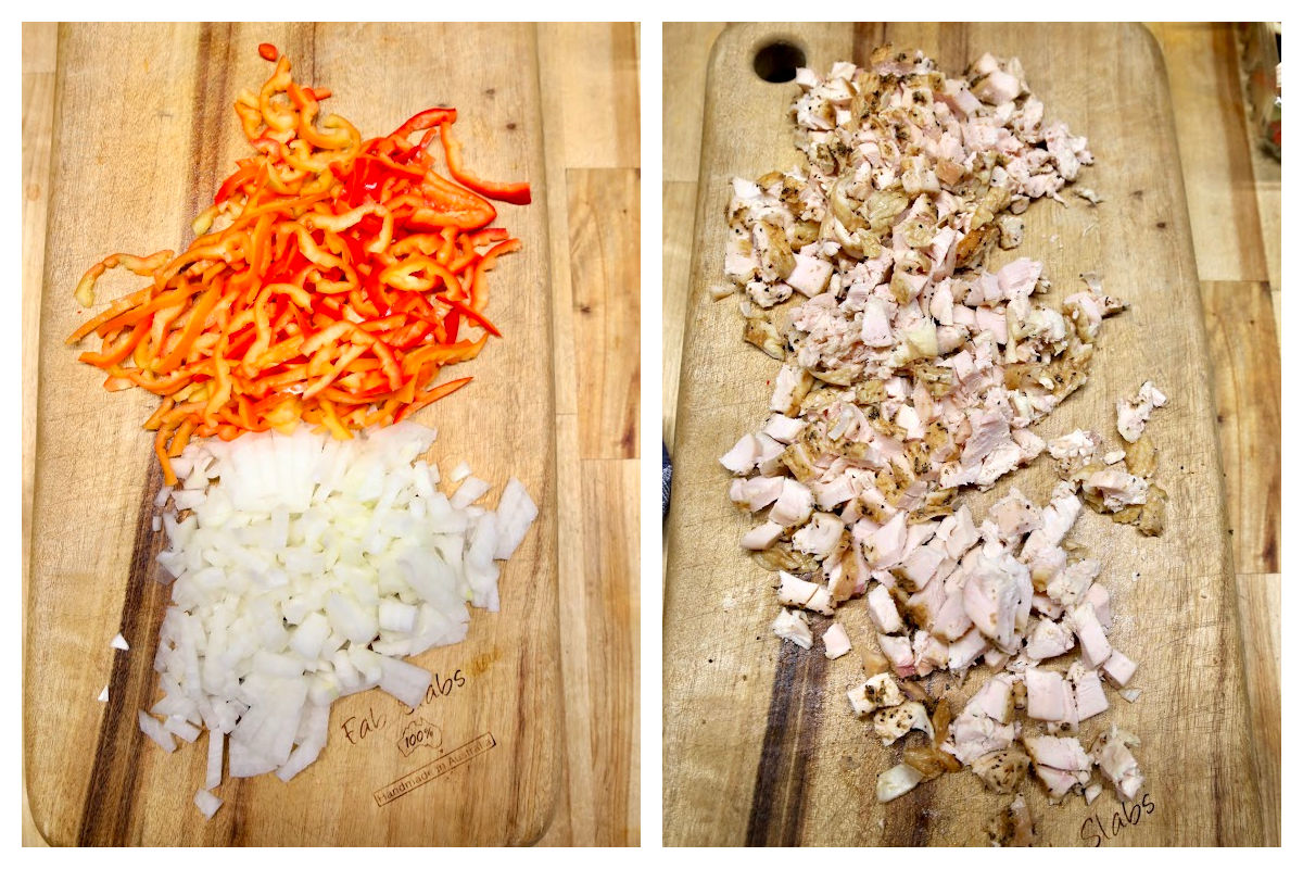 Collage: chopped onion, bell peppers/chicken.