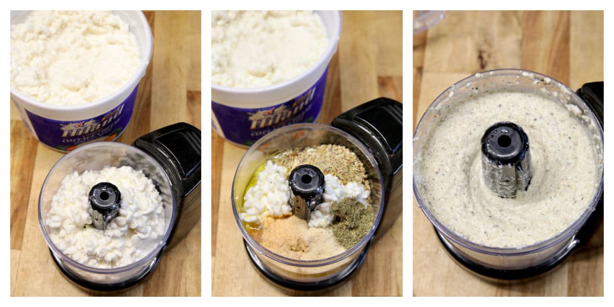 Collage making cottage cheese dip in mini food processor.