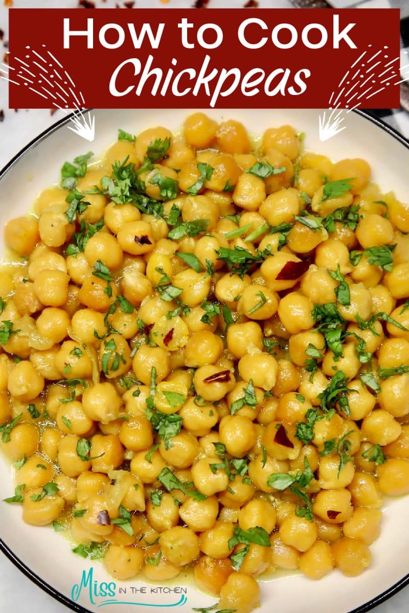 Bowl of chickpeas with text overlay.