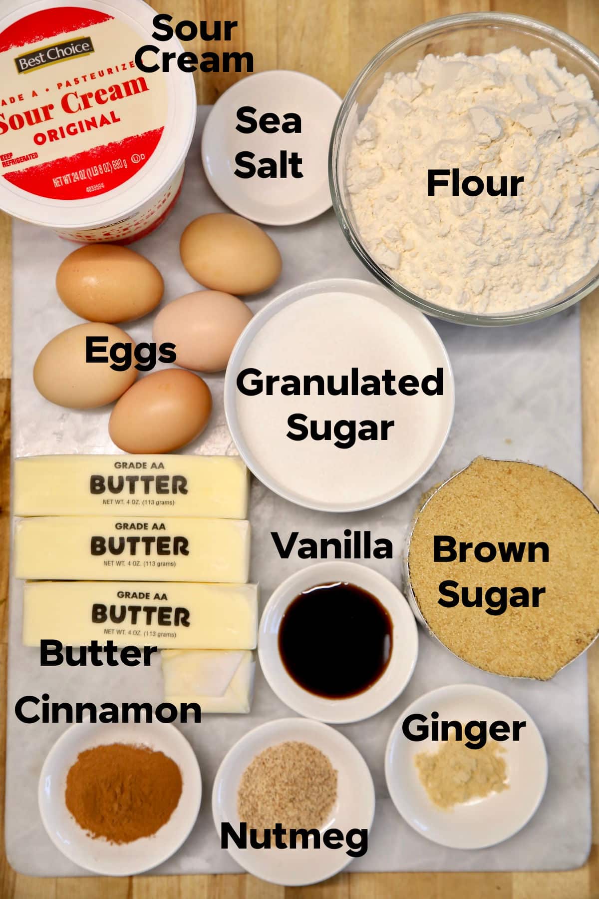 Ingredients for cinnamon pound cake.