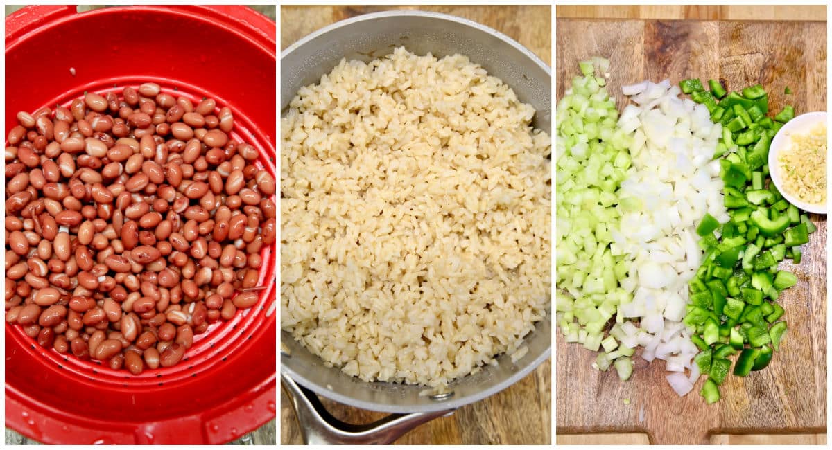 Collage: beans, rice, chopped vegetables.