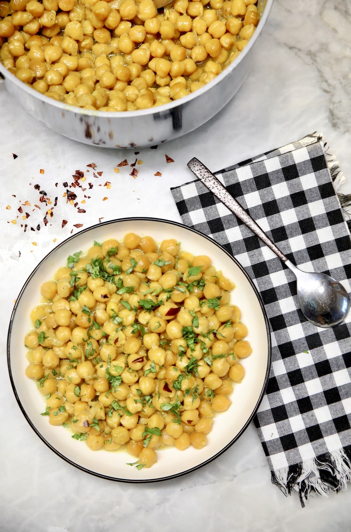 Pan and bowl of chickpeas.