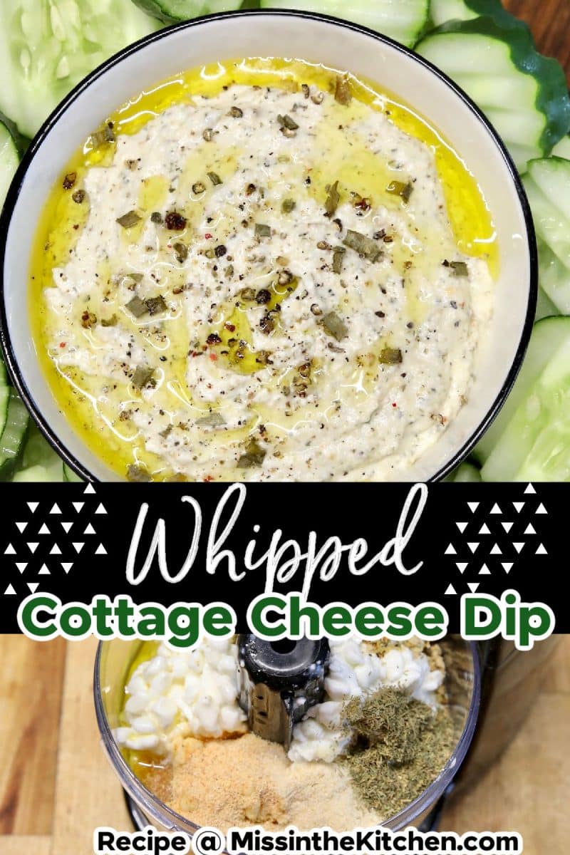 Collage of whipped cottage cheese dip in a bowl/ in food processor.