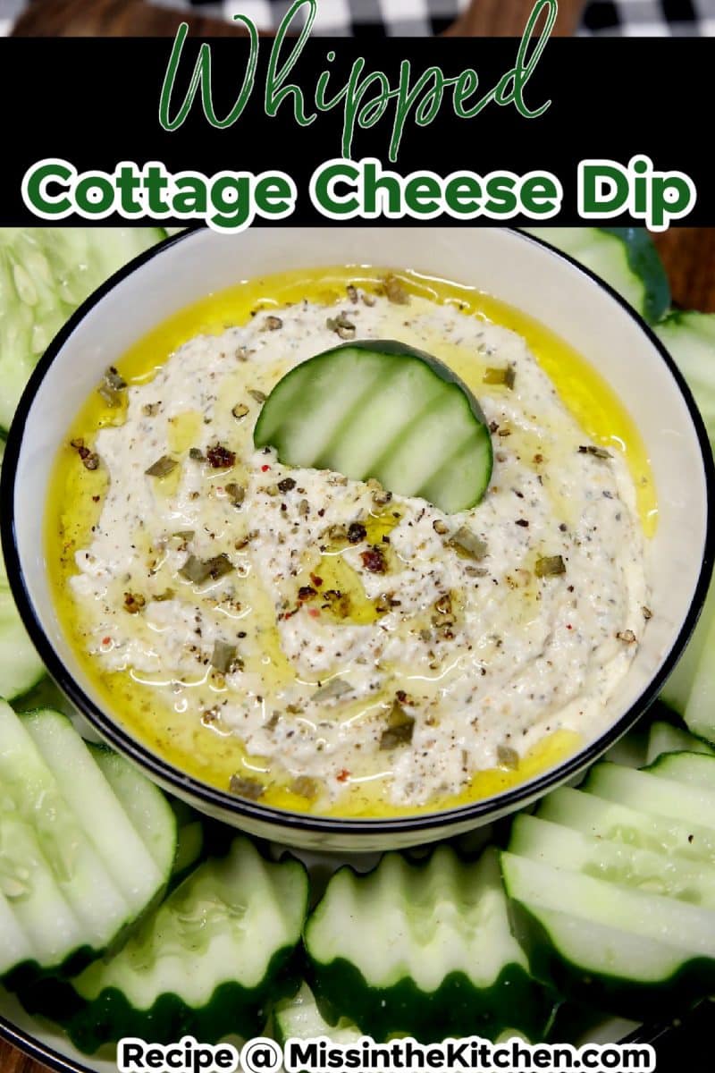 Whipped cottage cheese dip in a bowl with cucumbers - text overlay.