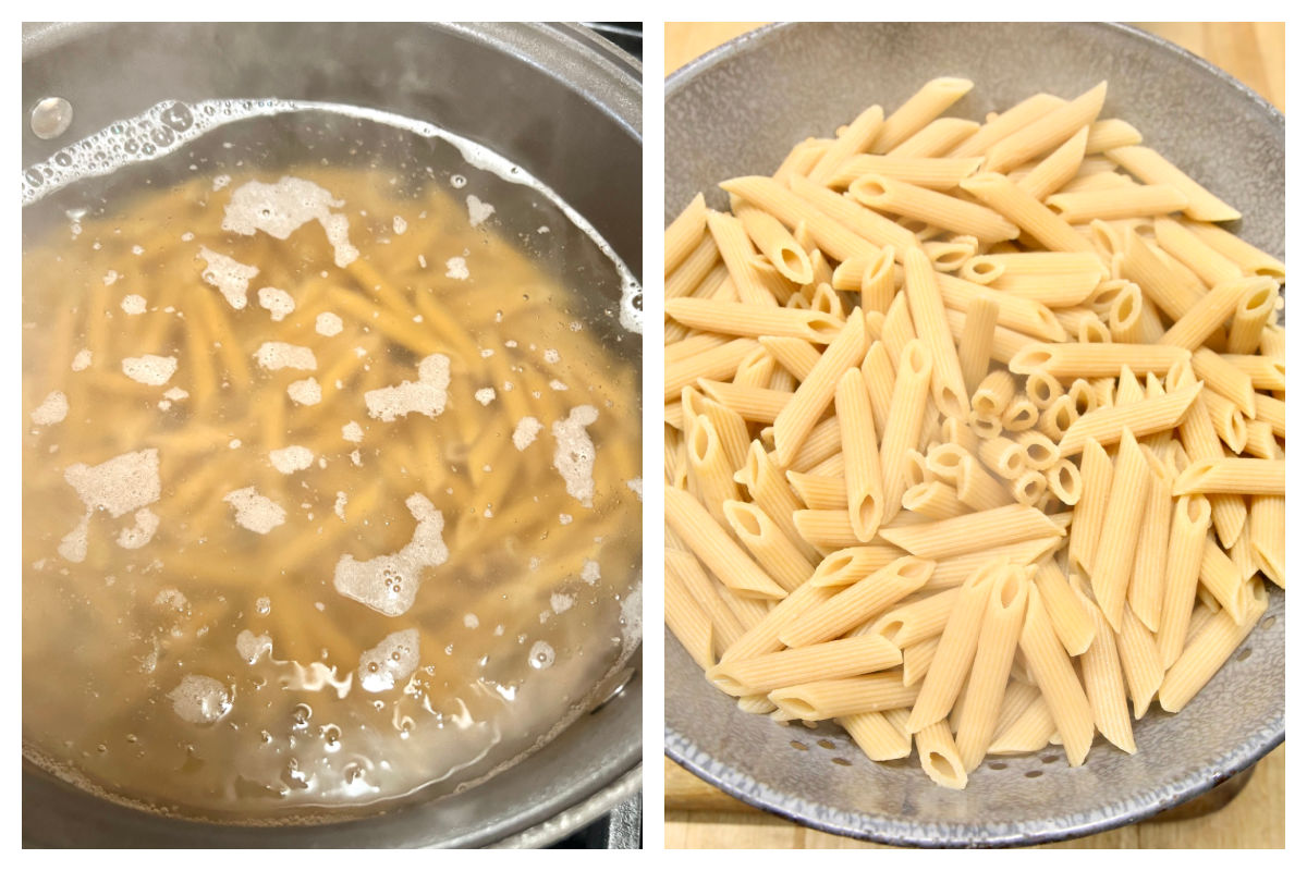 Collage cooking pasta, draining in colander.