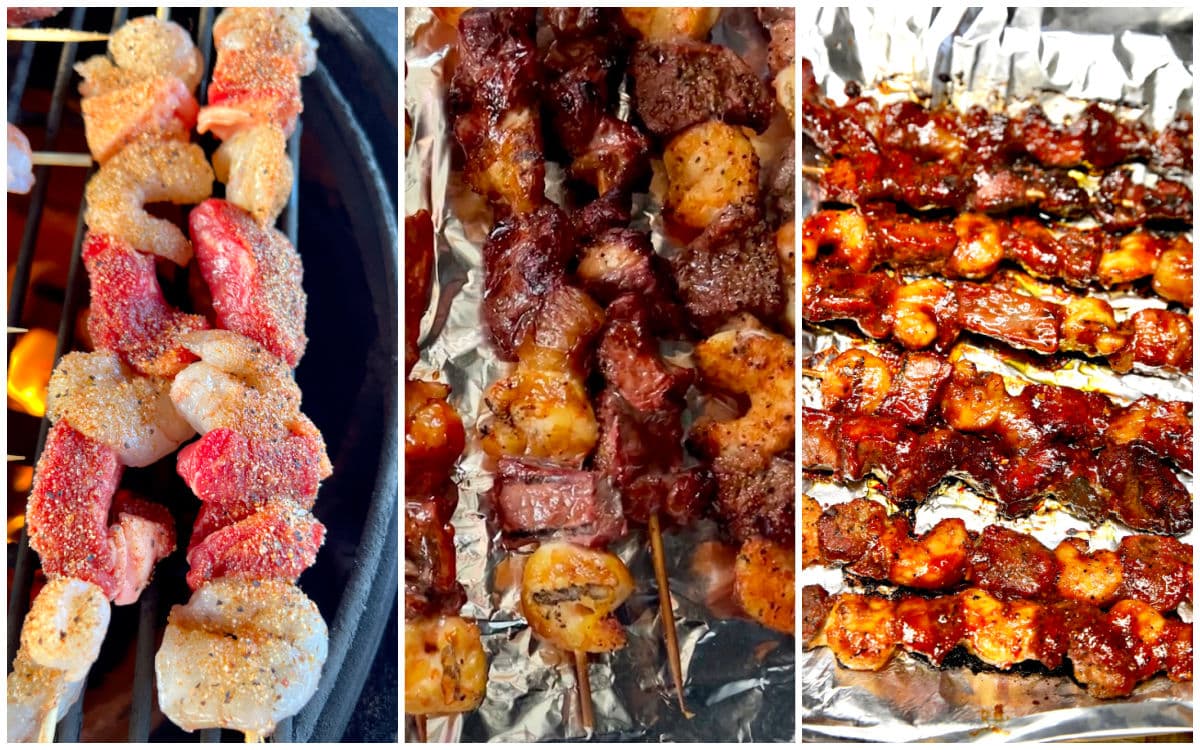 Collage grilling steak and shrimp skewers with bbq sauce.