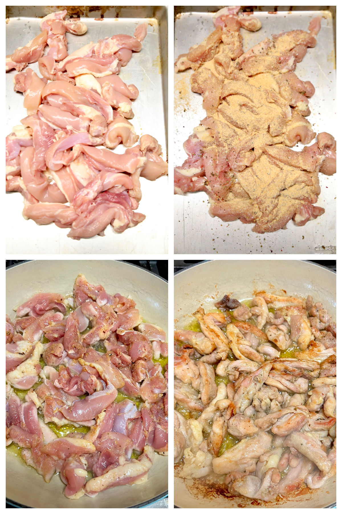 Collage, seasoning chicken thigh strips, cooking in a skillet.