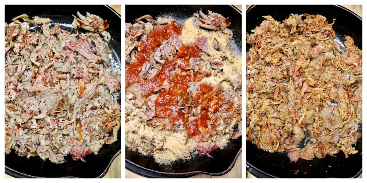 Pulled pork in a skillet, adding sauce and garlic, mixed.