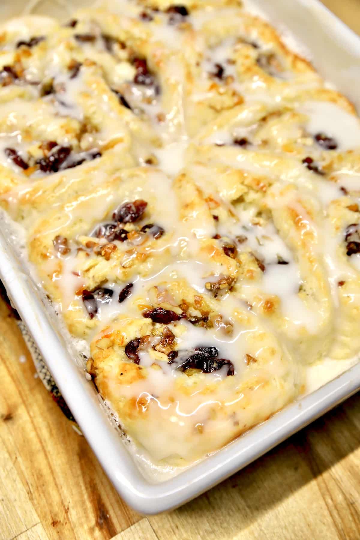 Pan of cranberry orange sweet rolls.