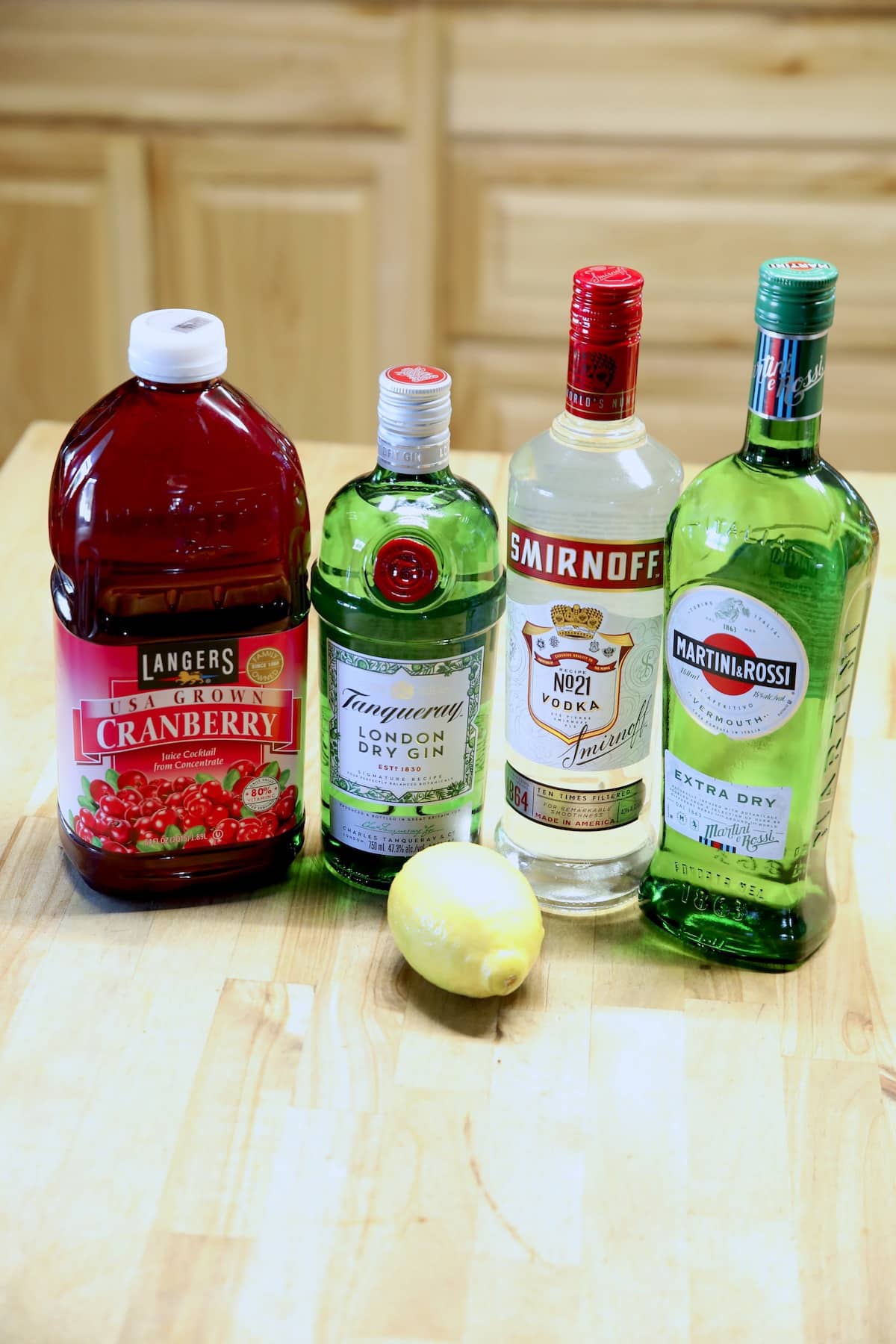 Ingredients for Vesper Cocktail with Cranberry juice.